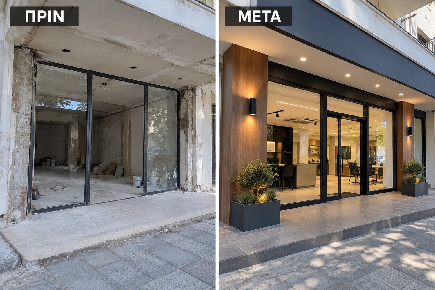 Ανακαίνιση εξωτερικής όψης καταστήματος πριν και μετά